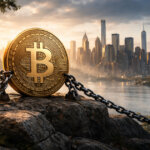 Bitcoin coin secured with chains overlooking a city skyline, symbolizing holders borrowing against BTC while Wall Street packages the debt into tradable bonds
