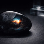 Bitcoin symbol embedded in a glossy stone revealing a hidden city image inside, representing a 66 kilobyte file concealed in a single transaction that bypassed popular blockchain filters