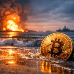 Bitcoin coin on a shoreline with explosions in the distance, symbolizing a rapid price recovery after an Iran war-driven crash and uncertainty over a key Monday data point that could shift the next move