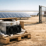 Bitcoin mining rig in a wooden crate beside solar panels and shipping containers in a desert site, reflecting Brazil cutting import duties to zero and plans to power miners with stranded solar energy