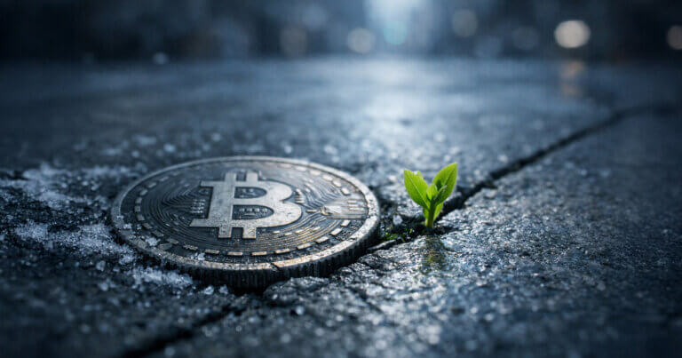 Bitcoin coin embedded in cracked pavement beside a small green sprout, reflecting cautious investor optimism for a potential move toward $90,000 in March