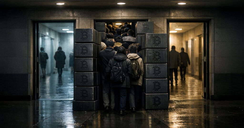 Crowd funneled through a narrow doorway framed by stacked Bitcoin blocks, symbolizing three possible price paths as derivatives traders position for a painful move