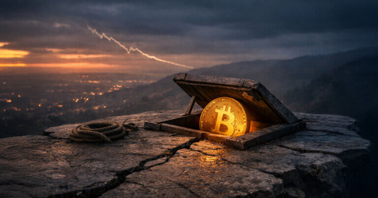 Glowing Bitcoin coin emerging from a trapdoor on a cracked mountaintop at dusk, symbolizing the looming Power Law floor and a potential first break headline before October