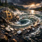Bitcoin symbol carved into a river rock as a whirlpool pulls away broken coins, representing massive ETF inflows and relatively smaller outflows during the market crash