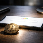 Bitcoin coin beside a smartphone displaying a search bar, symbolizing US search interest hitting a five-year high despite a bear market price decline