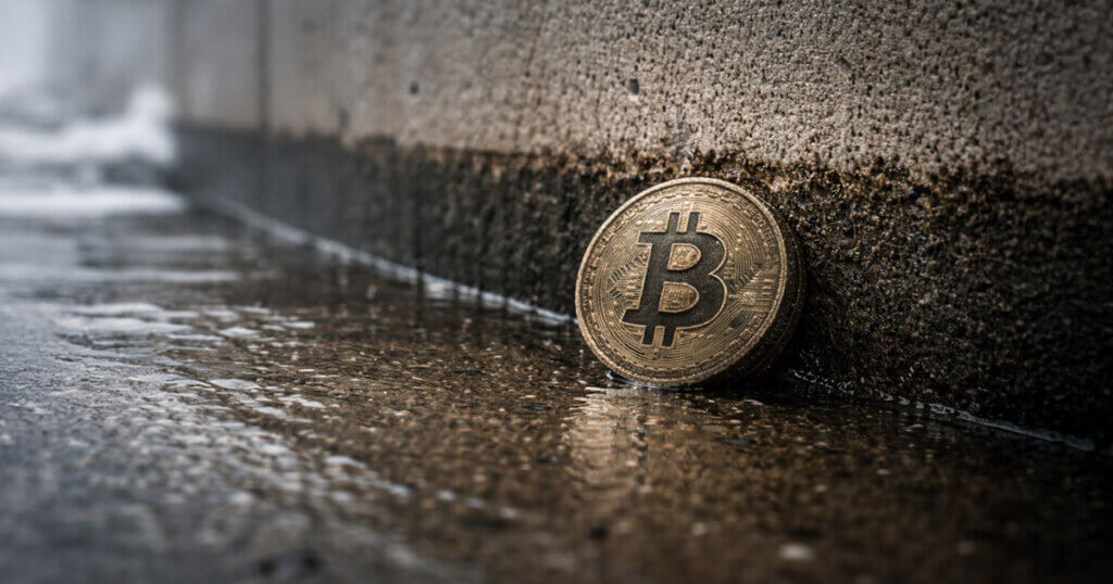 Bitcoin coin resting against a rain-soaked curb after a sharp sell-off, reflecting a surge toward $69,000 as Glassnode highlights a key level that could determine whether the rally fades