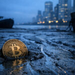 Bitcoin coin half-buried in muddy ground at low tide near a dark city skyline, reflecting ongoing BTC selloff and on-chain data signaling draining market liquidity