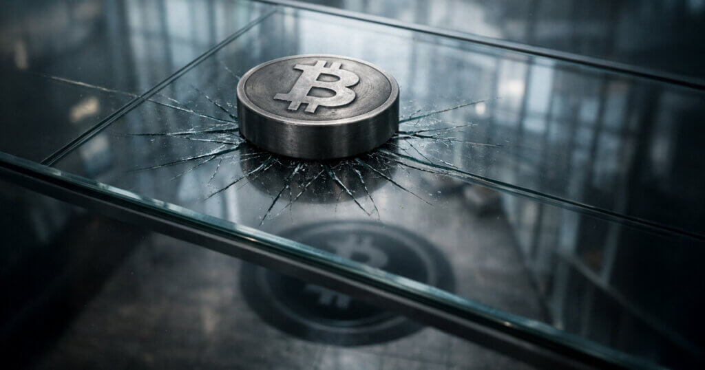 Metal Bitcoin coin pressing into cracked glass surface, symbolizing downside risk toward $8,000 and concerns over Strategy’s resilience in a potential bear market price magnet scenario