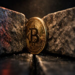 Bitcoin coin squeezed tightly between two stone blocks, symbolizing a 15% mining difficulty jump that pressures weaker miners while potentially clearing the way for stronger hands