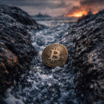 Bitcoin coin caught in a narrow stream between dark rocks with distant explosions on the horizon, symbolizing market turbulence and uncertainty over how a potential US-Iran war could impact Bitcoin prices