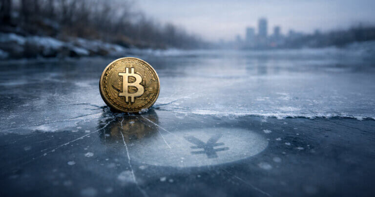 Bitcoin coin standing on cracked ice with a faint yen symbol reflected beneath, symbolizing the wobbling yen carry trade as a hidden liquidity source for crypto markets