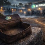 Empty leather wallet in front of a Bitdeer bitcoin mining facility at night, symbolizing Bitdeer selling its entire BTC stash