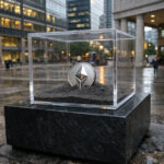 Ethereum coin sealed in a glass display case outside a financial district building, symbolizing BlackRock staking ETF reward cuts and potential delays in ETHB investor exits