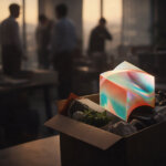 Cardboard box with office belongings and a glowing cube in a corporate workspace, symbolizing staff cuts at Block as Jack Dorsey pushes an AI-era reset toward a more human-focused culture