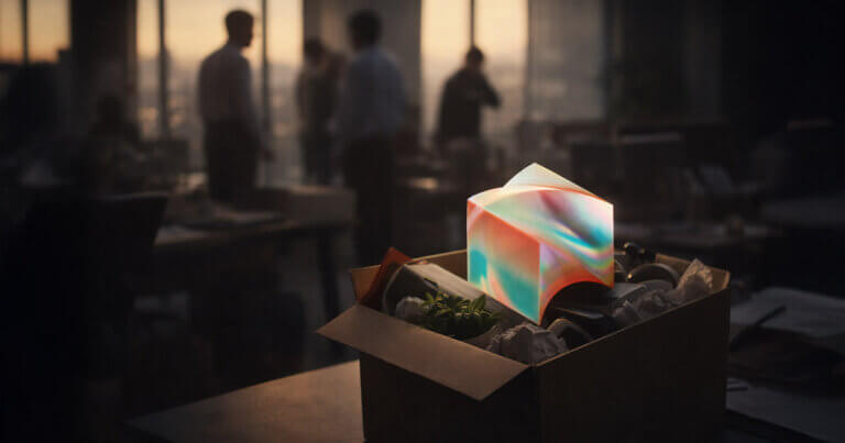 Cardboard box with office belongings and a glowing cube in a corporate workspace, symbolizing staff cuts at Block as Jack Dorsey pushes an AI-era reset toward a more human-focused culture