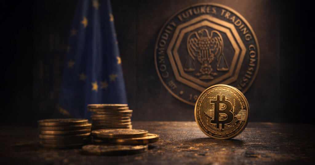 Bitcoin coin displayed before a Commodity Futures Trading Commission seal and EU flag, reflecting regulatory shifts as the EU classifies crypto perpetuals as CFDs and the US CFTC moves to bring derivatives trading onshore
