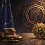 Bitcoin coin displayed before a Commodity Futures Trading Commission seal and EU flag, reflecting regulatory shifts as the EU classifies crypto perpetuals as CFDs and the US CFTC moves to bring derivatives trading onshore