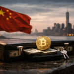 Bitcoin coin on a briefcase of cash with Chinese flag and city skyline in background, symbolizing questions over China’s exposure to US Bitcoin ETFs via a Hong Kong firm and major investment in BlackRock’s ETF