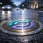 Circle stablecoin logo embedded in a rain-soaked roadway near Washington DC, symbolizing $733M in Q4 reserve income, $461M in distribution costs, and stablecoins operating like a Fed rate toll road