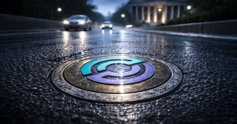 Circle stablecoin logo embedded in a rain-soaked roadway near Washington DC, symbolizing $733M in Q4 reserve income, $461M in distribution costs, and stablecoins operating like a Fed rate toll road