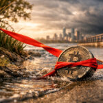 Bitcoin coin bound by red tape near a city waterfront, symbolizing how Trump’s tariff chaos erased $100 billion from the crypto market