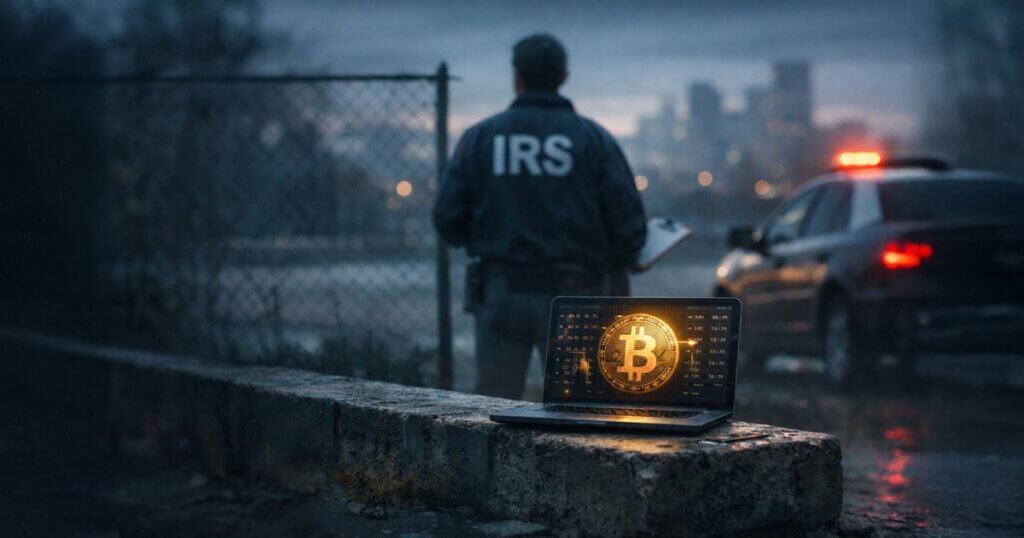 IRS agent near a police vehicle as a laptop displays Bitcoin transactions, symbolizing rising crypto tax scrutiny and the need to prove cost basis for reported sales