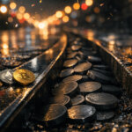 Bitcoin and Ethereum coins resting on wet city tram tracks while a pile of tokens sinks into a storm drain, symbolizing crypto VC funding headlines versus where capital actually flows