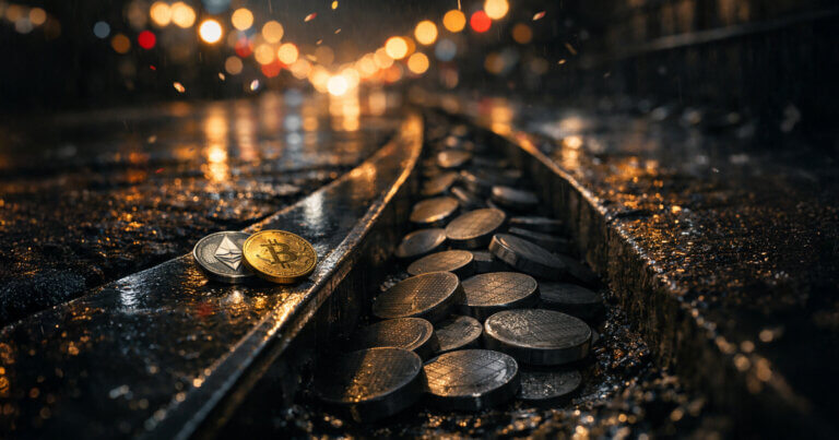 Bitcoin and Ethereum coins resting on wet city tram tracks while a pile of tokens sinks into a storm drain, symbolizing crypto VC funding headlines versus where capital actually flows