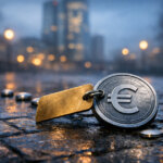 Euro symbol coin with a brass tag on wet city pavement at dusk, reflecting crypto market alert as the ECB assigns a €1.3B budget and accelerates the digital euro timeline