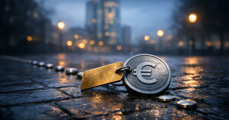 Euro symbol coin with a brass tag on wet city pavement at dusk, reflecting crypto market alert as the ECB assigns a €1.3B budget and accelerates the digital euro timeline