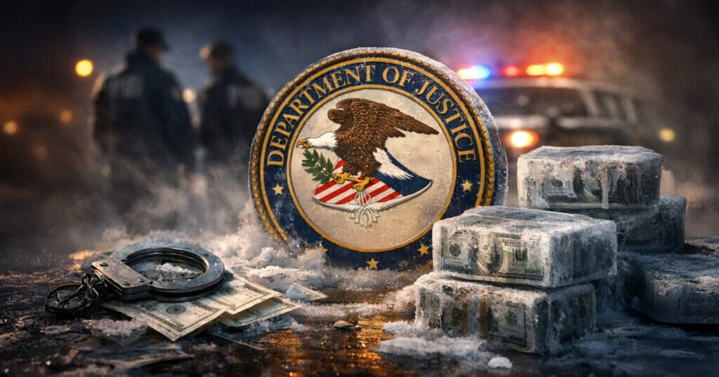 US Department of Justice seal beside frozen stacks of cash and handcuffs, symbolizing the DOJ freezing $580 million from overseas fake investment scams in three months