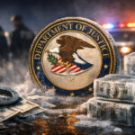 US Department of Justice seal beside frozen stacks of cash and handcuffs, symbolizing the DOJ freezing $580 million from overseas fake investment scams in three months