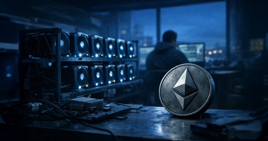 Ethereum coin beside a 12-GPU rig and engineer at a workstation, illustrating zero-knowledge proof block proving instead of re-execution.