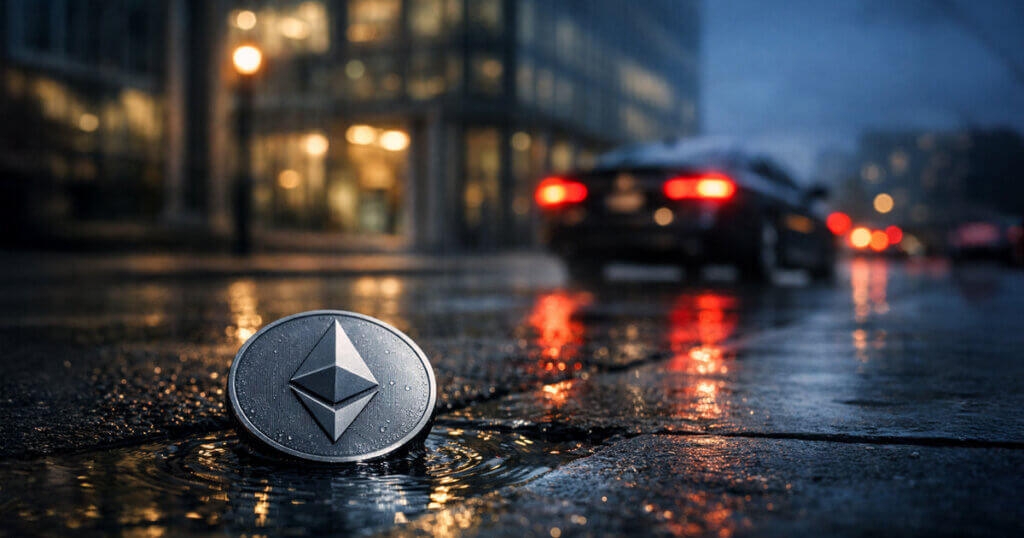 Ethereum coin on rain-soaked city street at night with blurred car lights, symbolizing insider selling as Peter Thiel exits an ETH treasury company trade