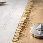 Ethereum coin beside technical blueprints on a wooden desk, symbolizing the network’s path to $10,000 as seven upgrades and a fragile ecosystem vote shape ETH’s future trajectory
