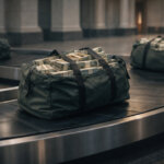 Cash-filled duffel bags circulating on an airport-style baggage carousel inside a grand hall, symbolizing the Fed’s $7.7T liquidity entering a post-rate-cut rotation window