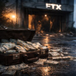 Open suitcase overflowing with cash on a rain-soaked street outside an FTX building, illustrating Sam Bankman-Fried’s claim of a $16.5 billion FTX surplus in 2022