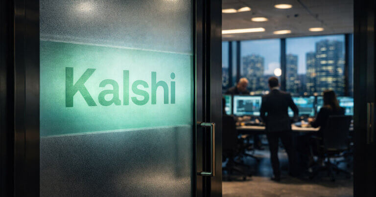 Kalshi office entrance with trading desks inside, reflecting the company’s 200 insider trading probes and potential regulatory changes that could reshape prediction markets overnight