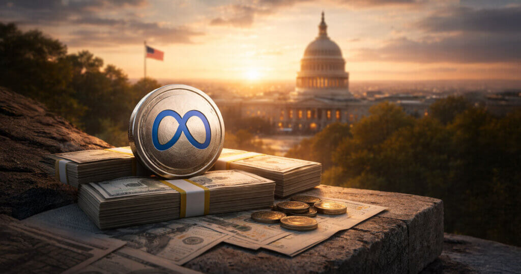 Meta stablecoin coin resting on stacks of US dollars near the US Capitol at sunset, highlighting renewed Washington debate and the potential for a $1 trillion boost to Treasury markets