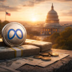Meta stablecoin coin resting on stacks of US dollars near the US Capitol at sunset, highlighting renewed Washington debate and the potential for a $1 trillion boost to Treasury markets
