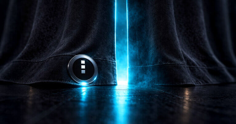 Midnight blockchain token glowing beneath a partially opened curtain, symbolizing a planned March 2026 launch, a $1.22 trillion privacy gap, and questions about delivering real-world applications