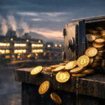 Bitcoin coins spilling from an open safe near a mining facility, symbolizing miners ending their HODL streak as a 115,335 BTC treasury declines and potential supply pressure builds