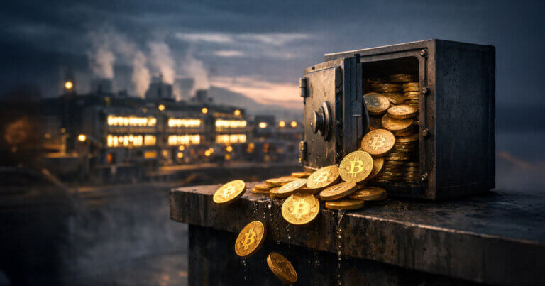 Bitcoin coins spilling from an open safe near a mining facility, symbolizing miners ending their HODL streak as a 115,335 BTC treasury declines and potential supply pressure builds