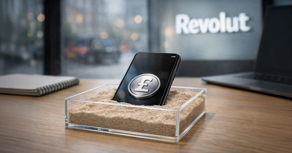 Smartphone displaying a pound symbol set in a sandbox inside a Revolut office, illustrating a stablecoin test aimed at 12 million UK users rather than crypto traders