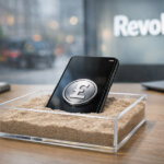 Smartphone displaying a pound symbol set in a sandbox inside a Revolut office, illustrating a stablecoin test aimed at 12 million UK users rather than crypto traders