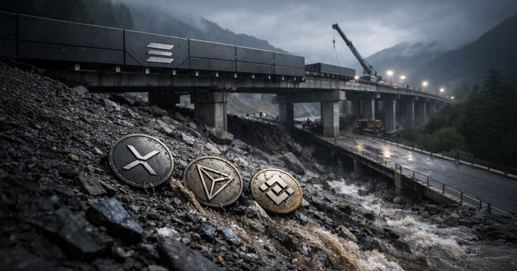 XRP, TRX, and BNB coins sliding down a rain-soaked rocky slope beside a damaged bridge, symbolizing broader crypto volatility as Solana accelerates Layer 2 development with SONAMI.