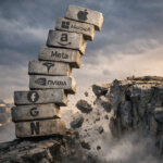 Leaning stack of major tech stock blocks on a crumbling cliff edge, symbolizing S&P 500 concentration risk where one earnings miss could trigger index crash mechanics