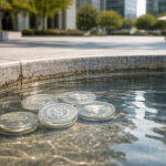 Stablecoin tokens resting at the bottom of a shallow reflecting pool in a city plaza, symbolizing a 2% dip in crypto’s liquidity measure similar to M2 money supply