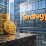 Stacked Bitcoin coins in front of Strategy’s headquarters, highlighting its 11% yield and the shifting economics behind a $5B MSTR short bet as a Bitcoin proxy