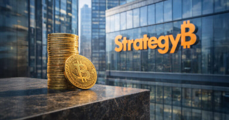 Stacked Bitcoin coins in front of Strategy’s headquarters, highlighting its 11% yield and the shifting economics behind a $5B MSTR short bet as a Bitcoin proxy